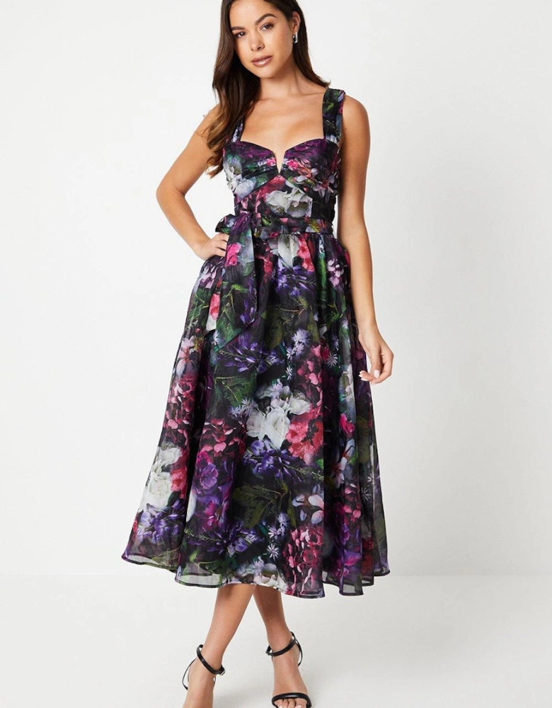 Printed Organza Notch Neck Midi Wedding Guest Dress