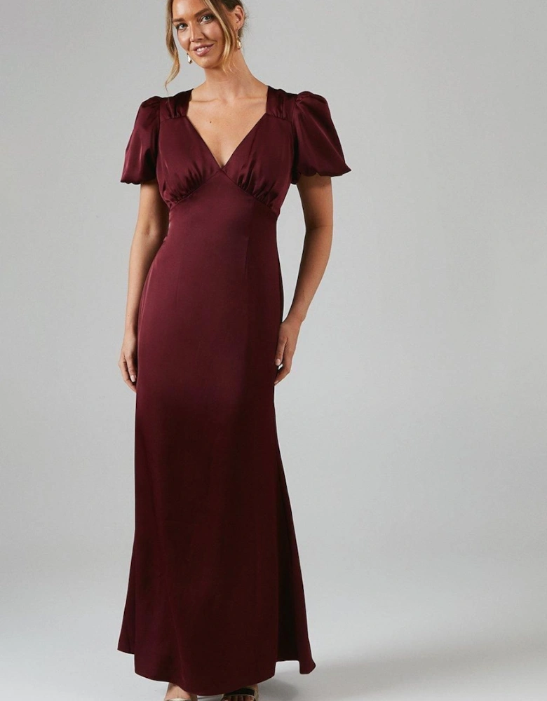 Sweetheart Neckline Puff Sleeve Satin Bridesmaid Maxi Dress