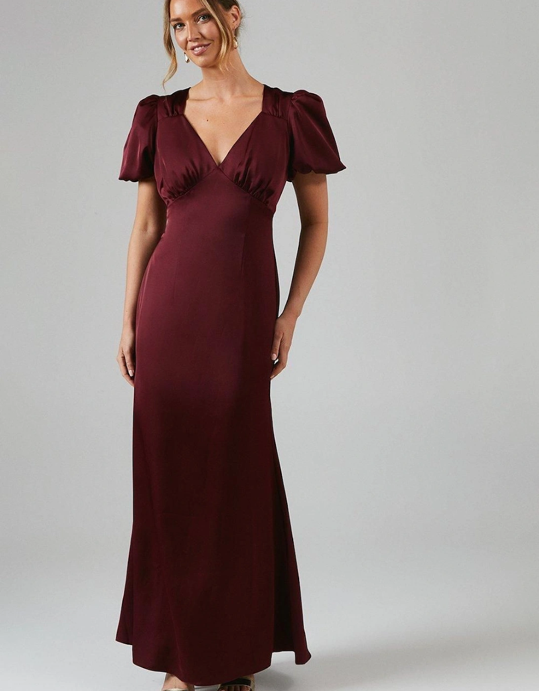 Sweetheart Neckline Puff Sleeve Satin Bridesmaid Maxi Dress, 6 of 5