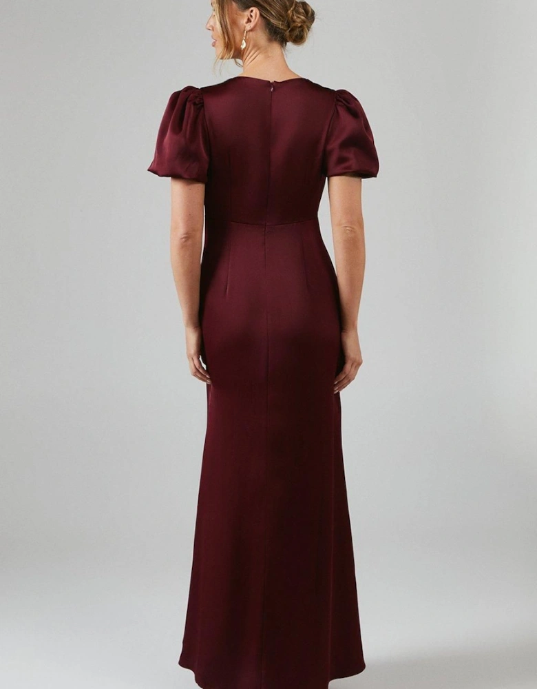 Sweetheart Neckline Puff Sleeve Satin Bridesmaid Maxi Dress