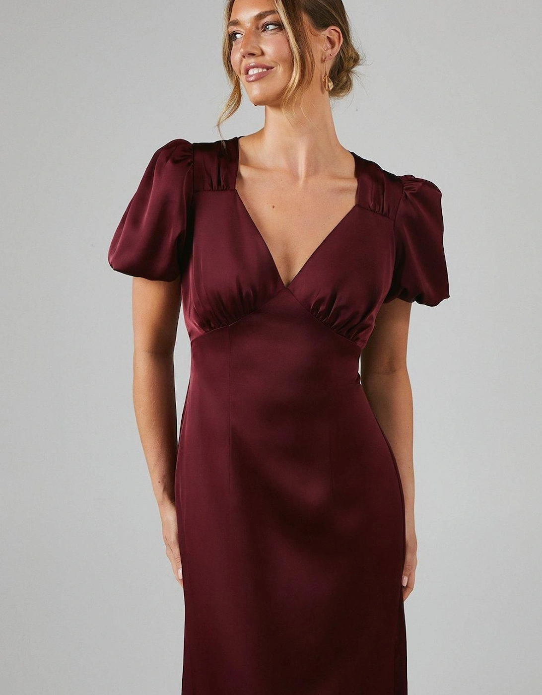 Sweetheart Neckline Puff Sleeve Satin Bridesmaid Maxi Dress