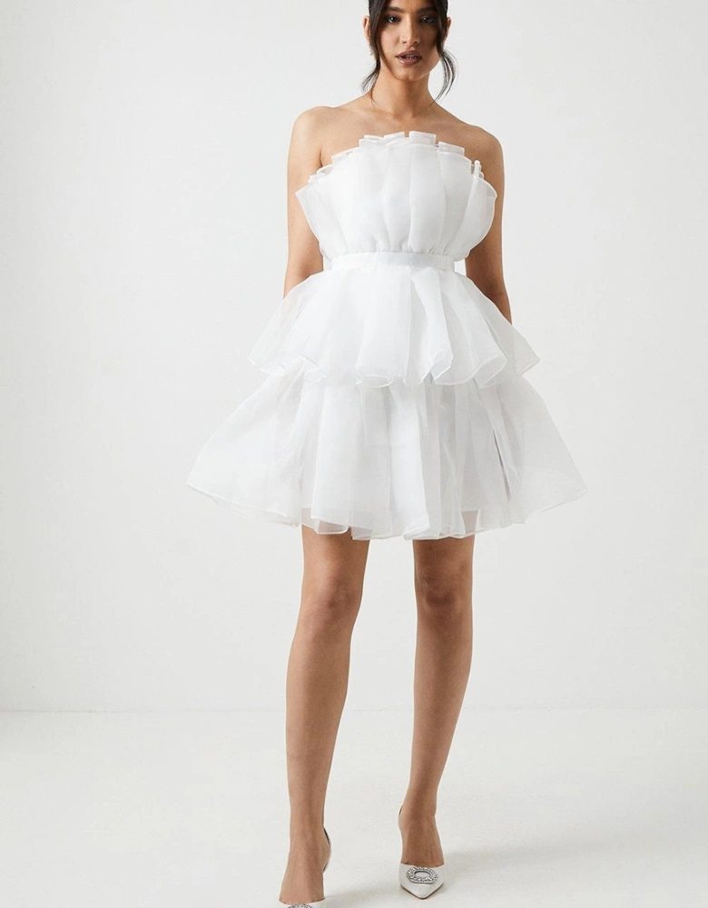 White Organza Fan Bridal Mini Dress