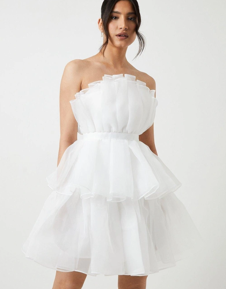 White Organza Fan Bridal Mini Dress