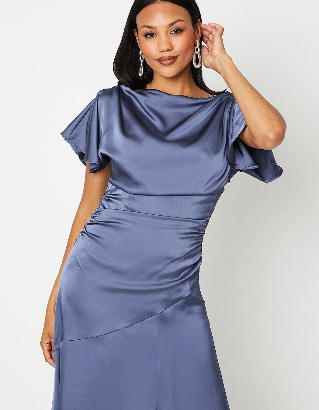 Boat Neck Satin Midi Dress