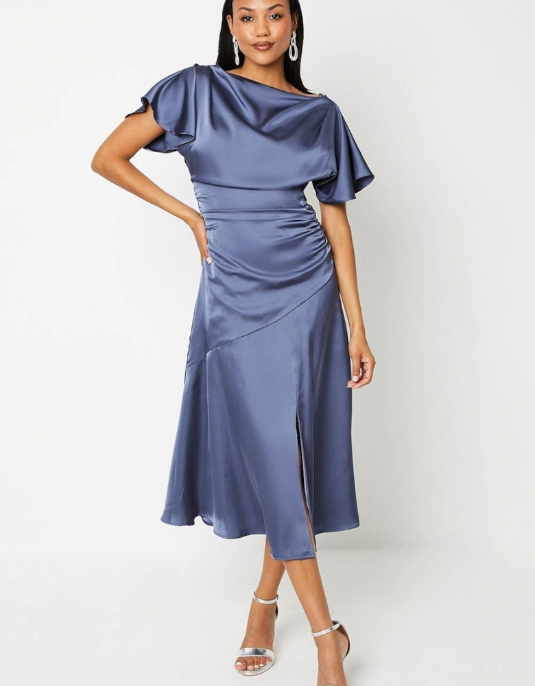 Boat Neck Satin Midi Dress