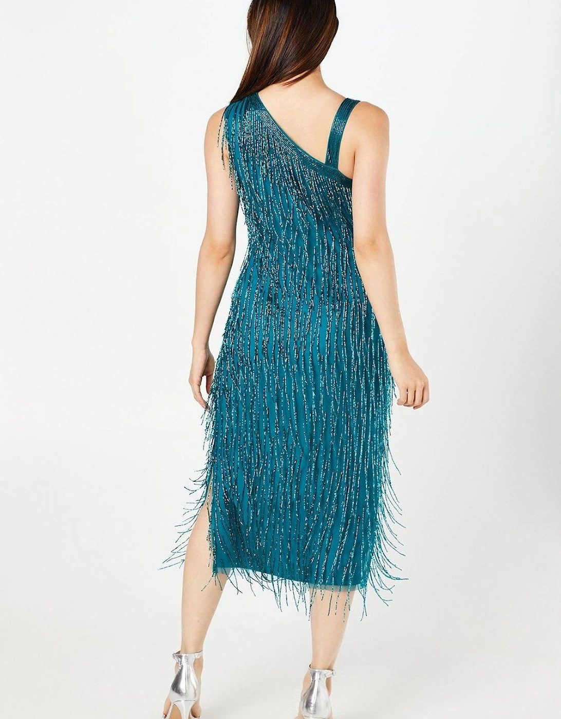 Party Fringe One Shoulder Midi Dress