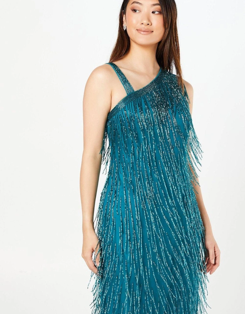 Party Fringe One Shoulder Midi Dress