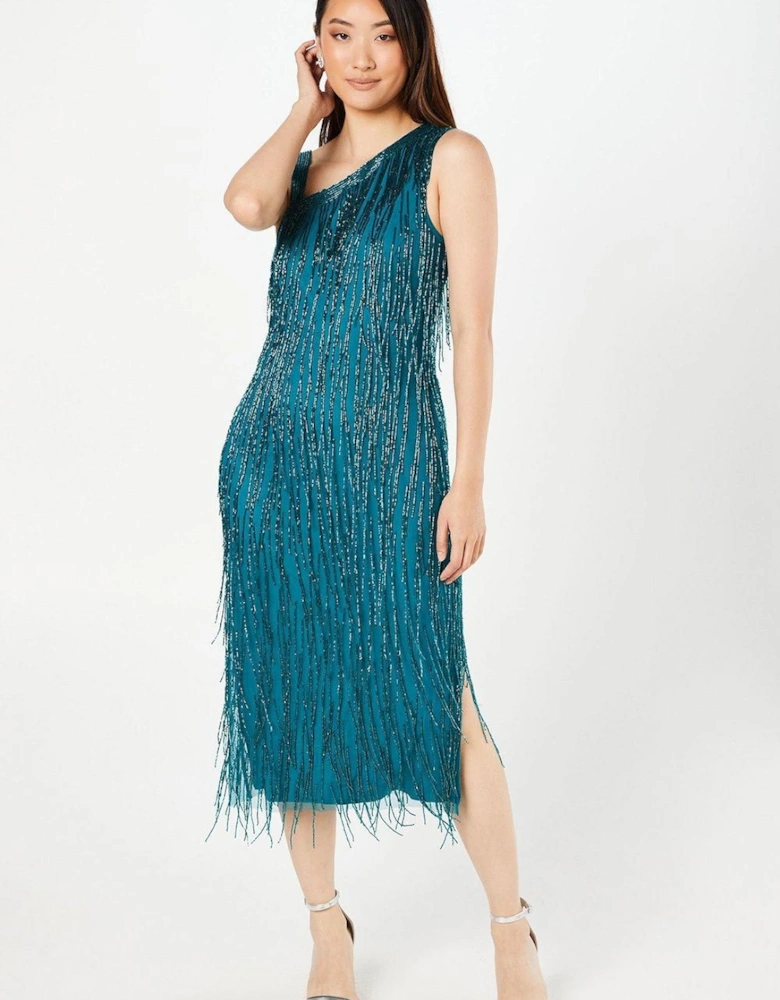 Party Fringe One Shoulder Midi Dress