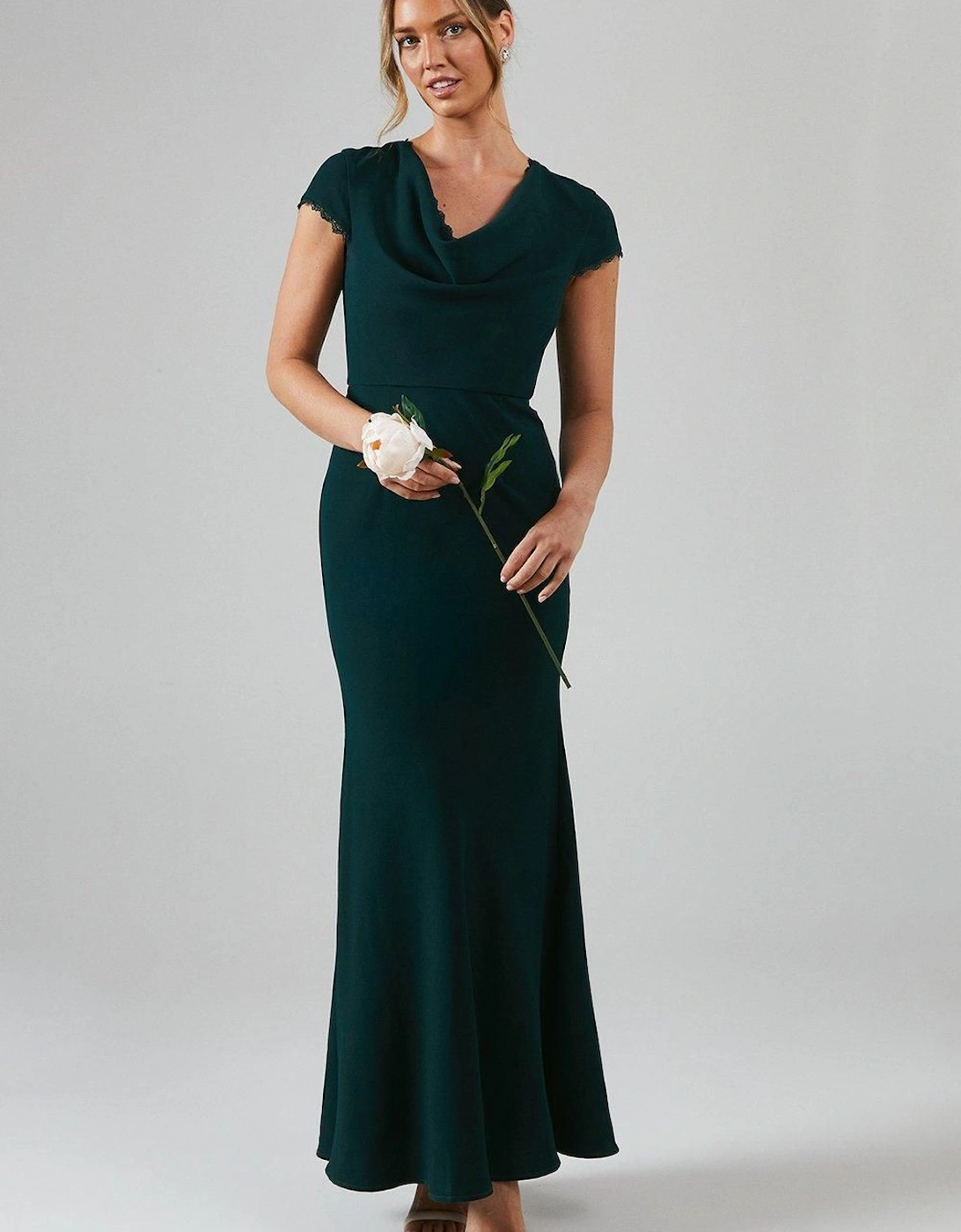 Lace Detail Cowl Front Crepe Bridesmaid Maxi Dress, 6 of 5