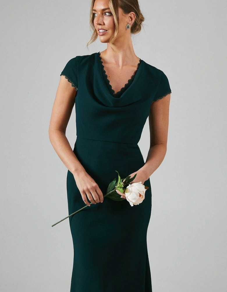 Lace Detail Cowl Front Crepe Bridesmaid Maxi Dress