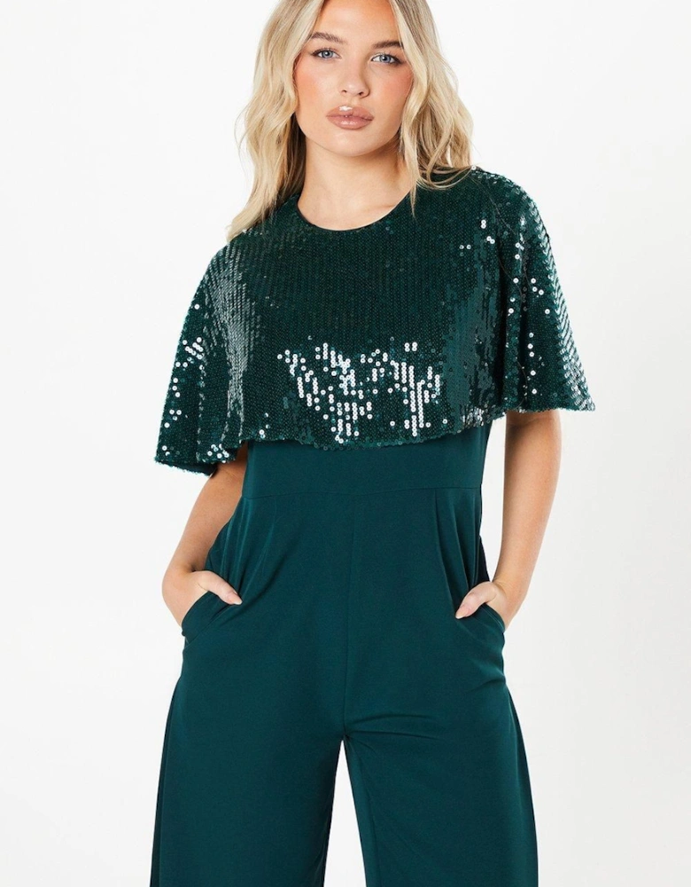 Petite Party Sequin Cape Jumpsuit