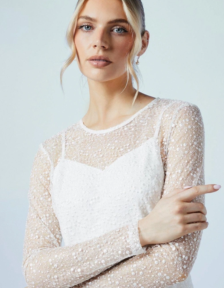 Embellished Mesh Long Sleeve Full Skirted Wedding Dress