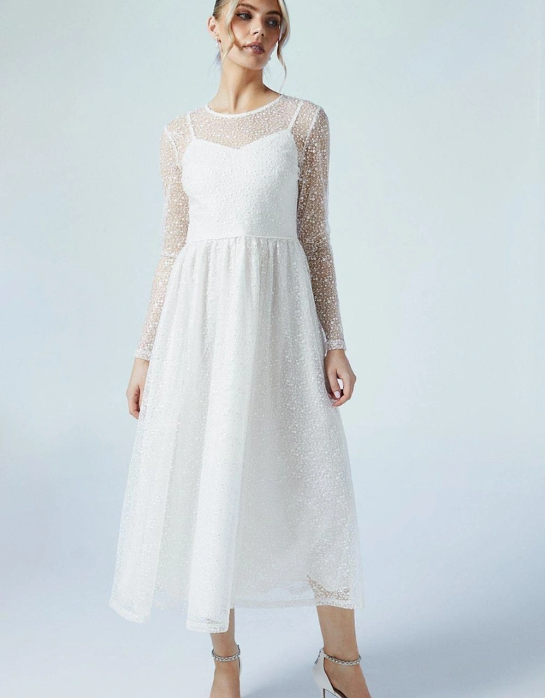 Embellished Mesh Long Sleeve Full Skirted Wedding Dress