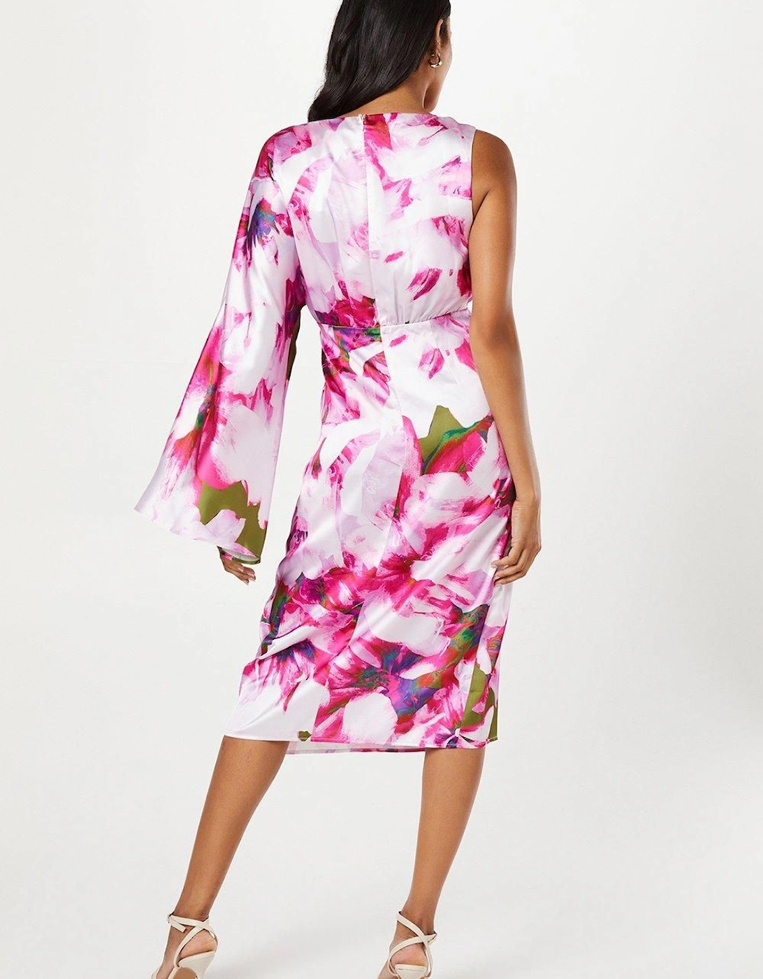 Printed Satin One Shoulder Wrap Skirt Midi Wedding Guest Dress