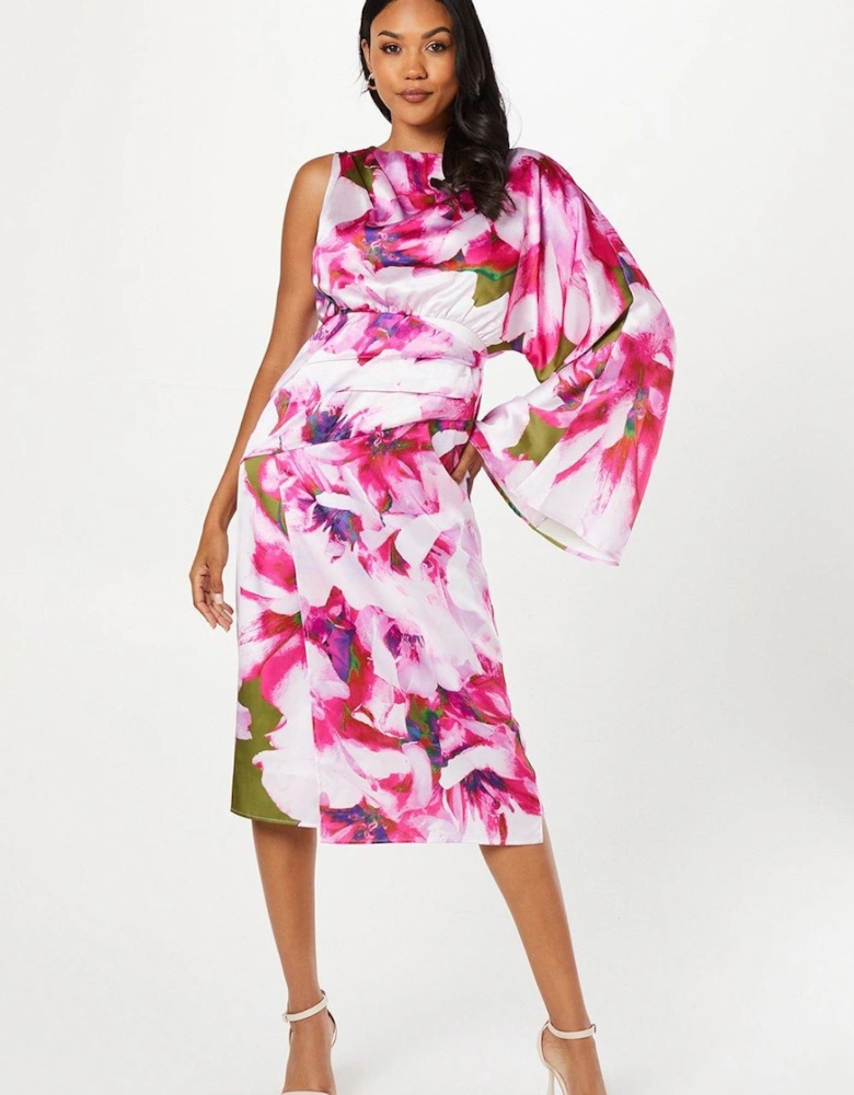 Printed Satin One Shoulder Wrap Skirt Midi Wedding Guest Dress