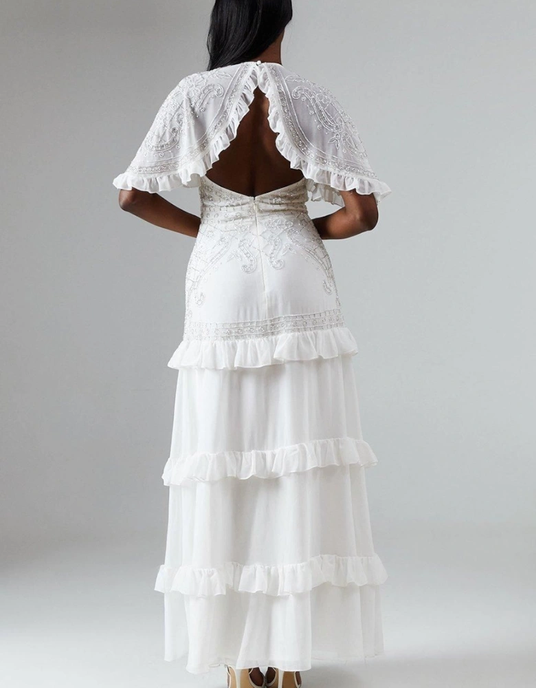 Embellished Tiered Wedding Dress With Cape Sleeve