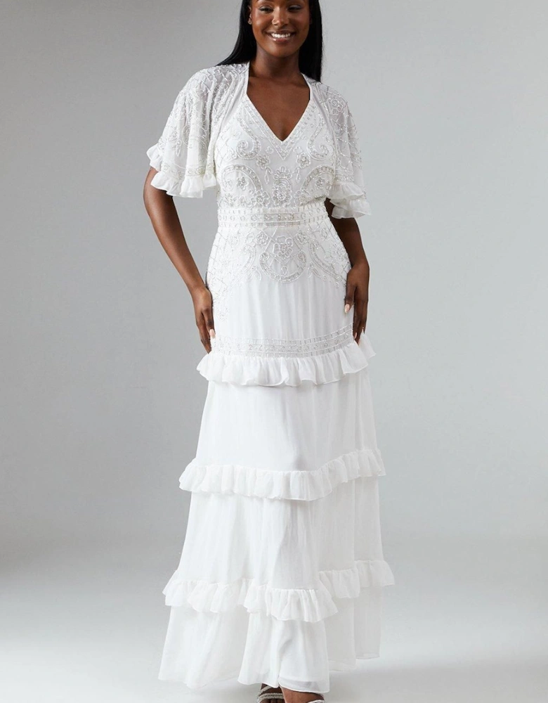 Embellished Tiered Wedding Dress With Cape Sleeve