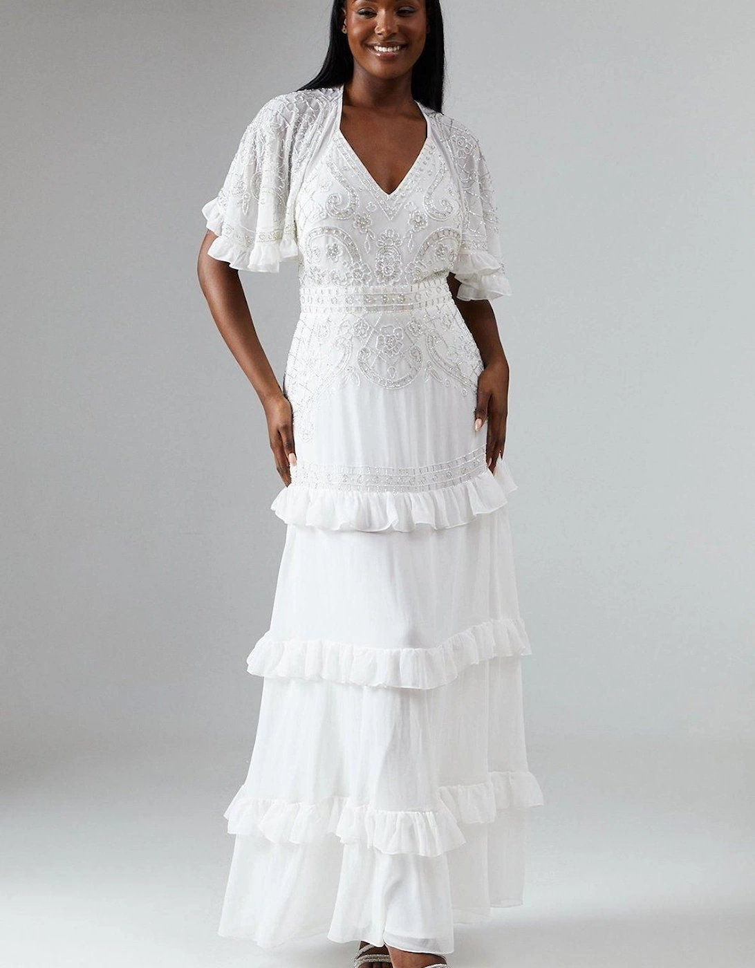 Embellished Tiered Wedding Dress With Cape Sleeve, 6 of 5