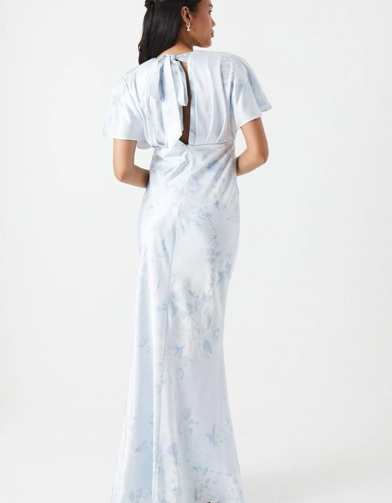 Printed Batwing Sleeve Satin Bridesmaid Maxi Dress