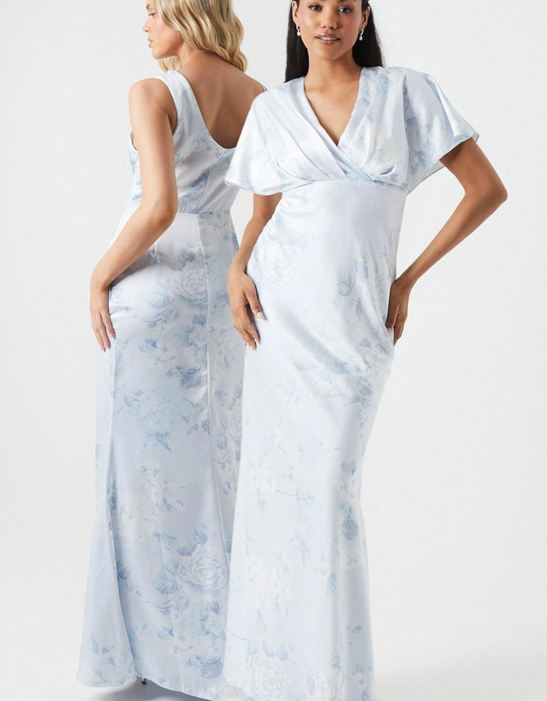 Printed Batwing Sleeve Satin Bridesmaid Maxi Dress