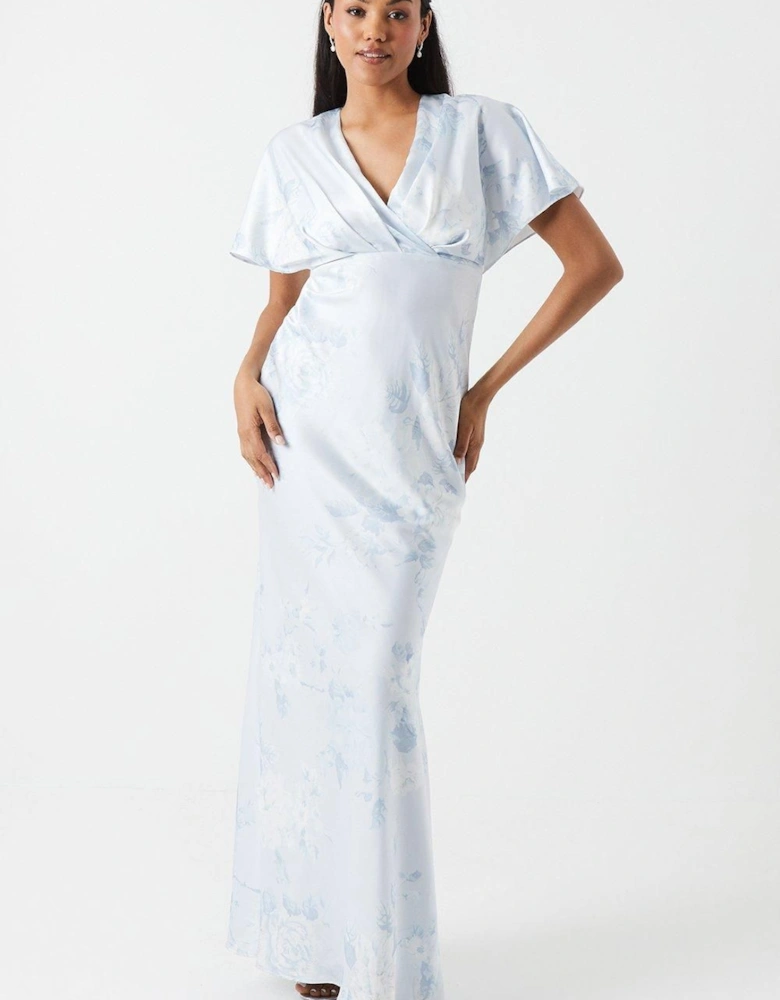 Printed Batwing Sleeve Satin Bridesmaid Maxi Dress