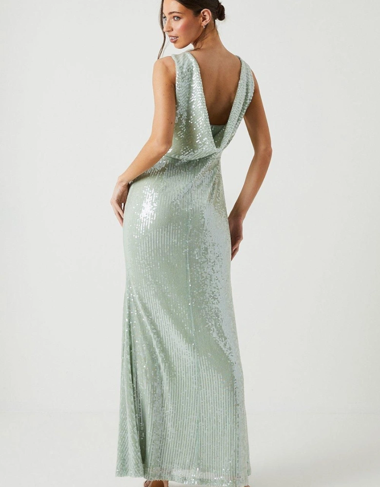 Cowl Back Sheer Sequin Bridesmaid Dress