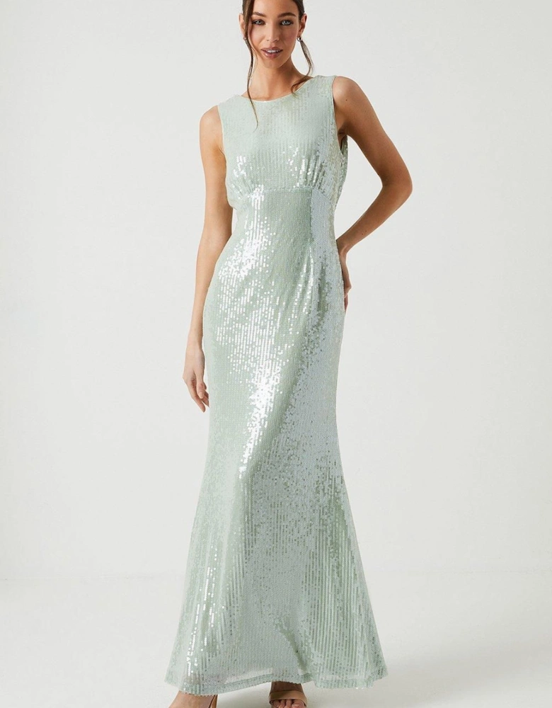 Cowl Back Sheer Sequin Bridesmaid Dress