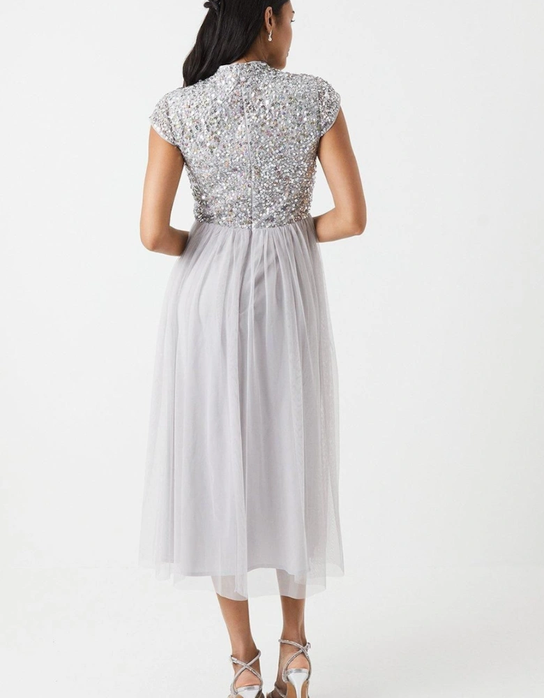 Floral Embellished Cap Sleeve Bridesmaid Midi Dress