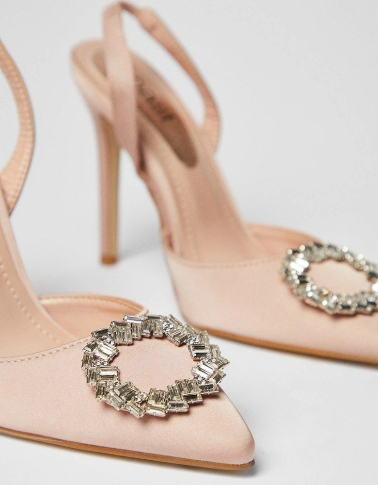 Serenity Satin Brooch Detail High Heel Slingback Court Shoes