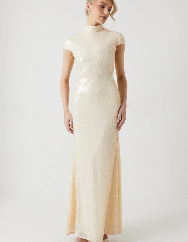 Sheer Sequin High Neck Wedding Dress