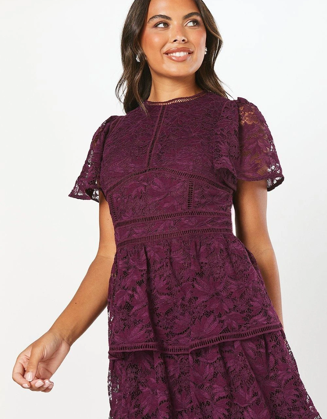 Tiered Lace Dress With Flutter Sleeve & Trims