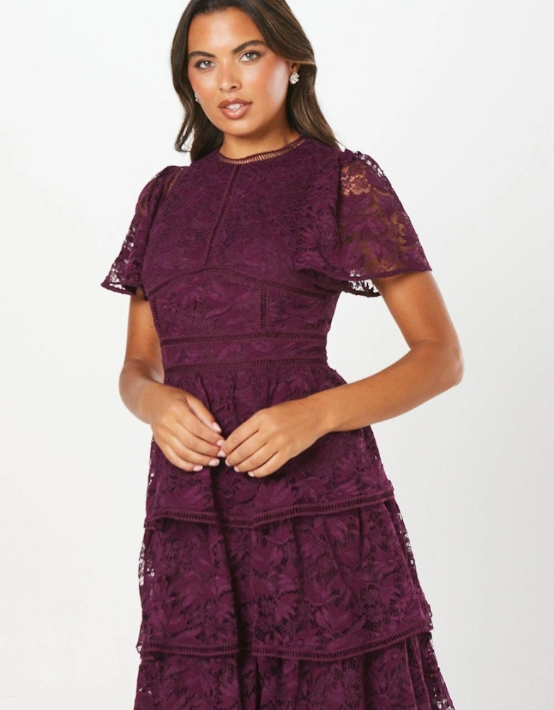 Tiered Lace Dress With Flutter Sleeve & Trims