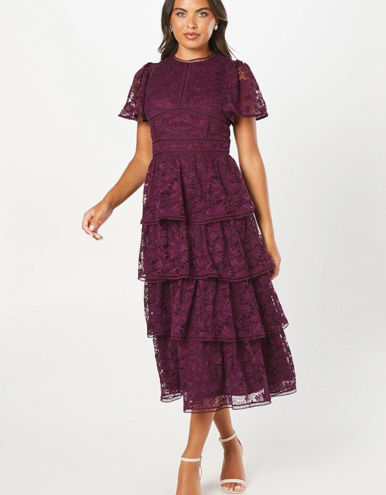 Tiered Lace Dress With Flutter Sleeve & Trims