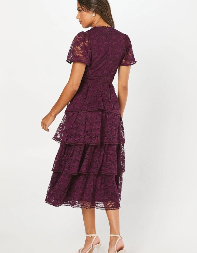 Tiered Lace Dress With Flutter Sleeve & Trims