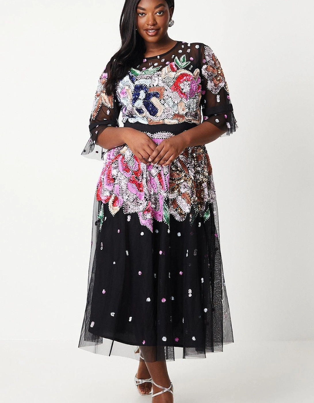 Plus Hand Embellished Mesh Midi Dress With Short Sleeve, 2 of 1