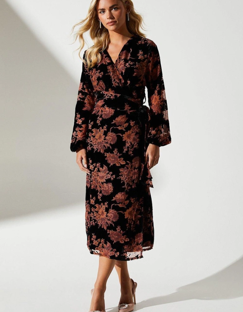 Petite Velvet Devore Blouson Sleeve Wrap Dress