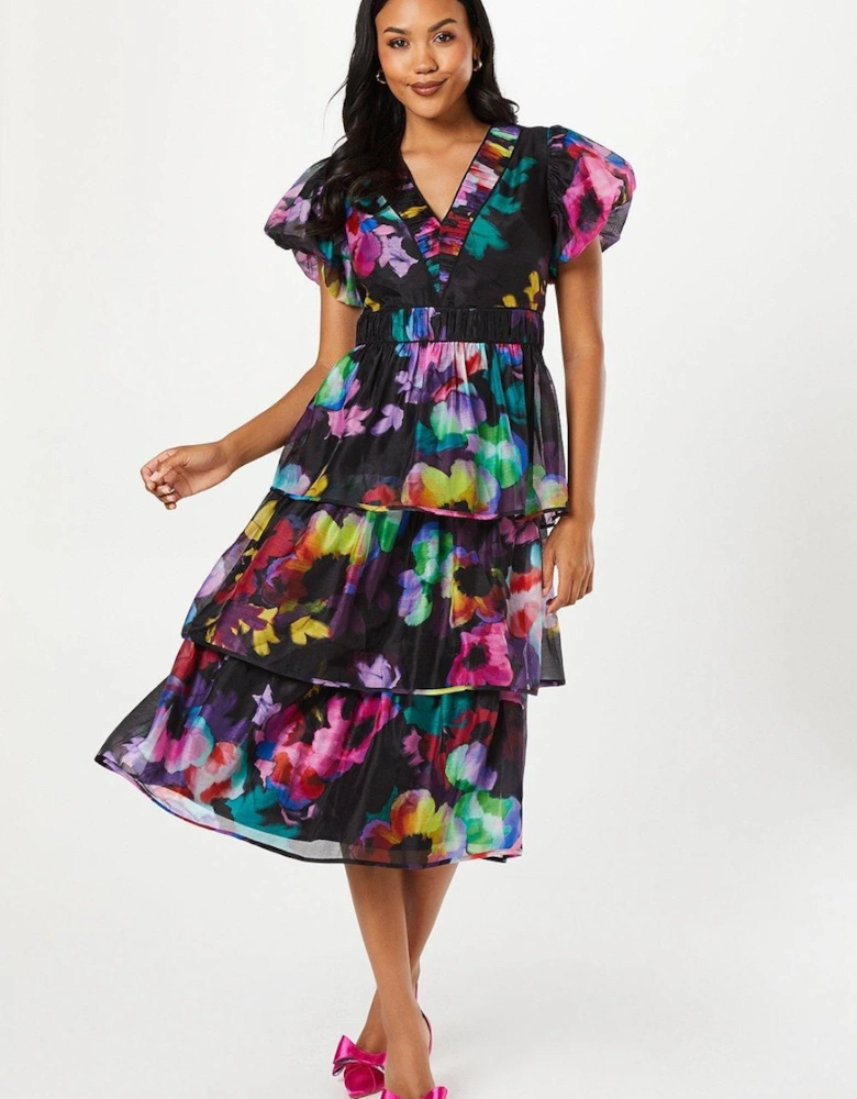 Printed Puff Sleeve Tiered Midi Wedding Guest Dress