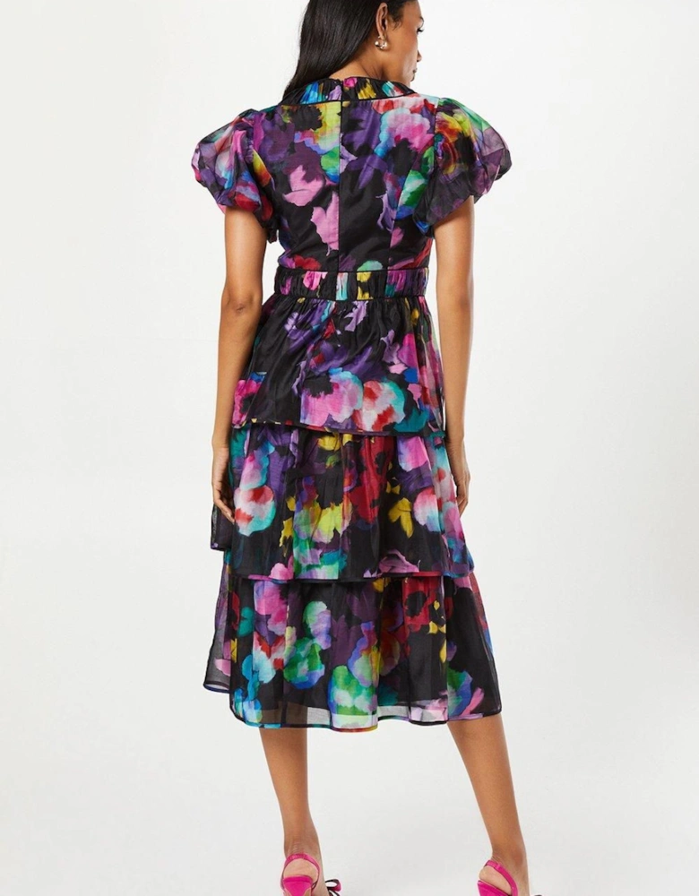 Printed Puff Sleeve Tiered Midi Wedding Guest Dress