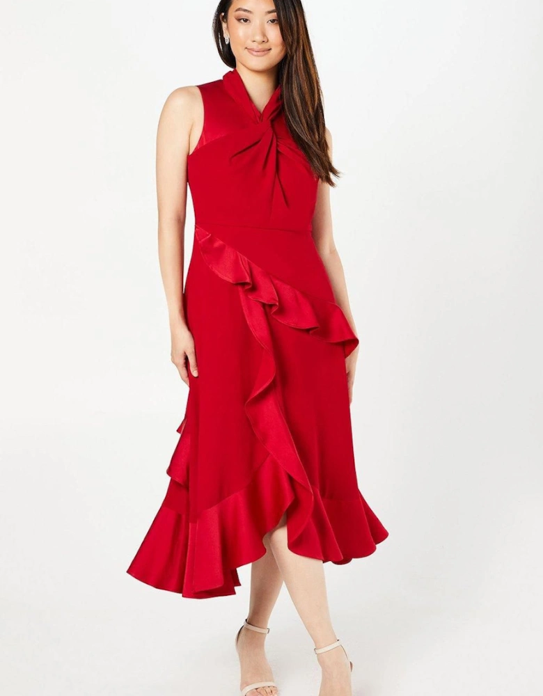 Twist Neck Ruffle Detail Satin Back Crepe Midi Dress