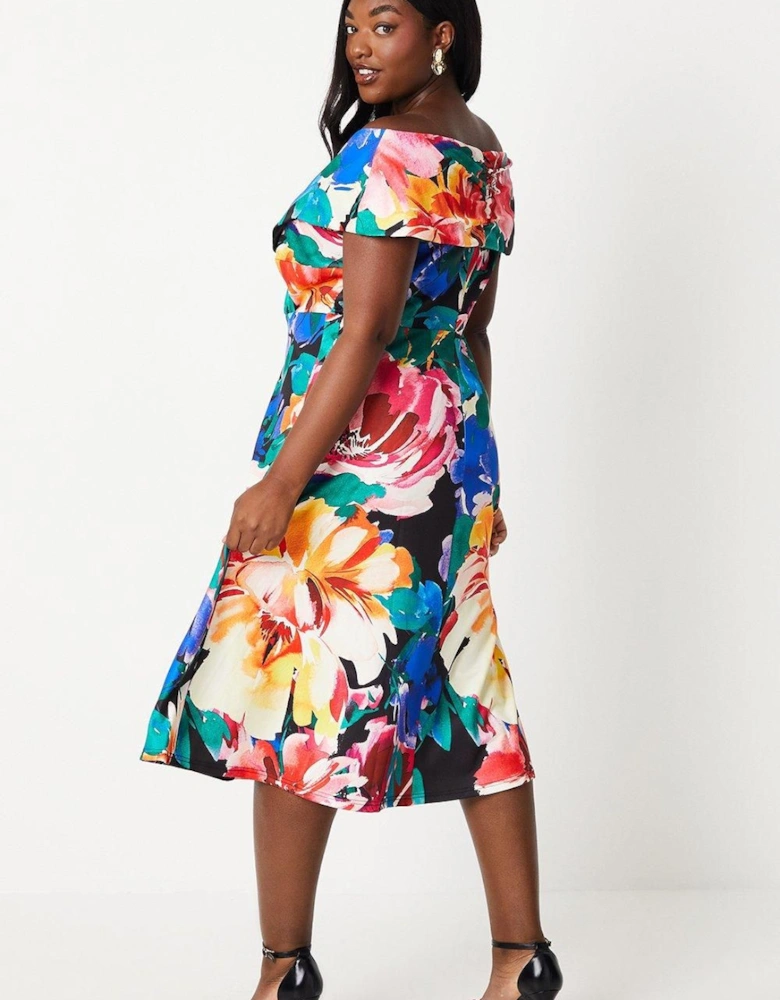 Plus Printed Bardot Midi Dress