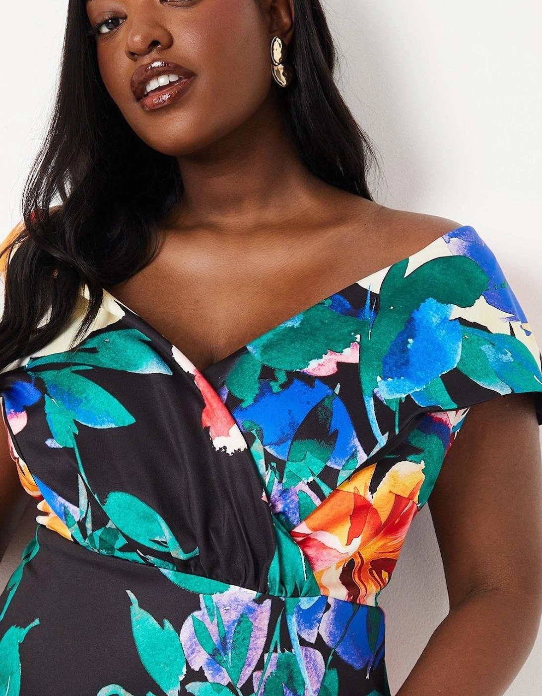 Plus Printed Bardot Midi Dress