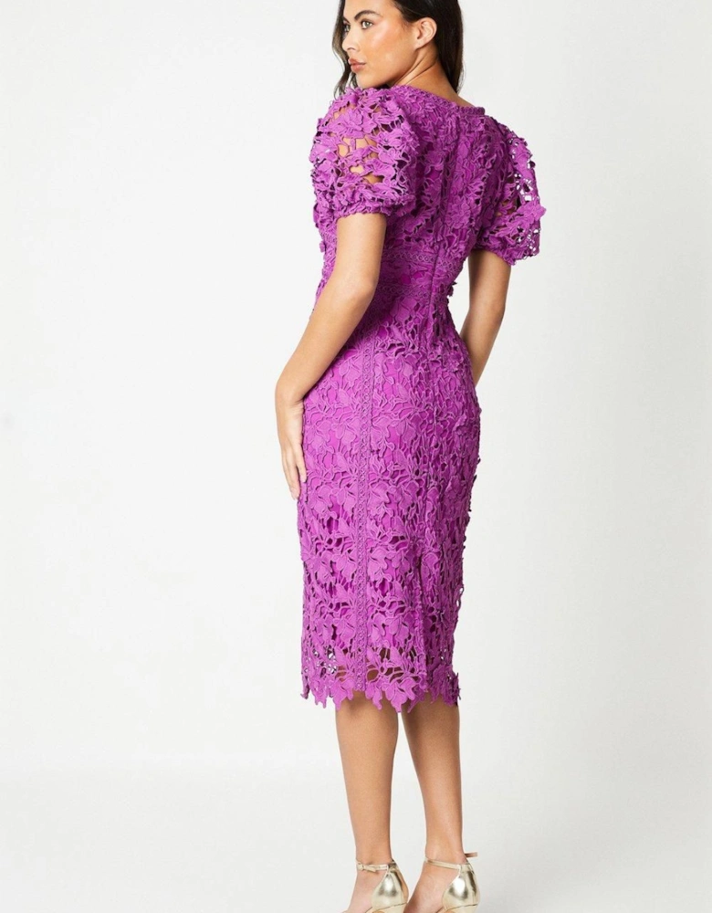 Lace Pencil Midi Dress With Puff Sleeve