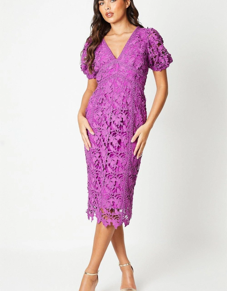 Lace Pencil Midi Dress With Puff Sleeve