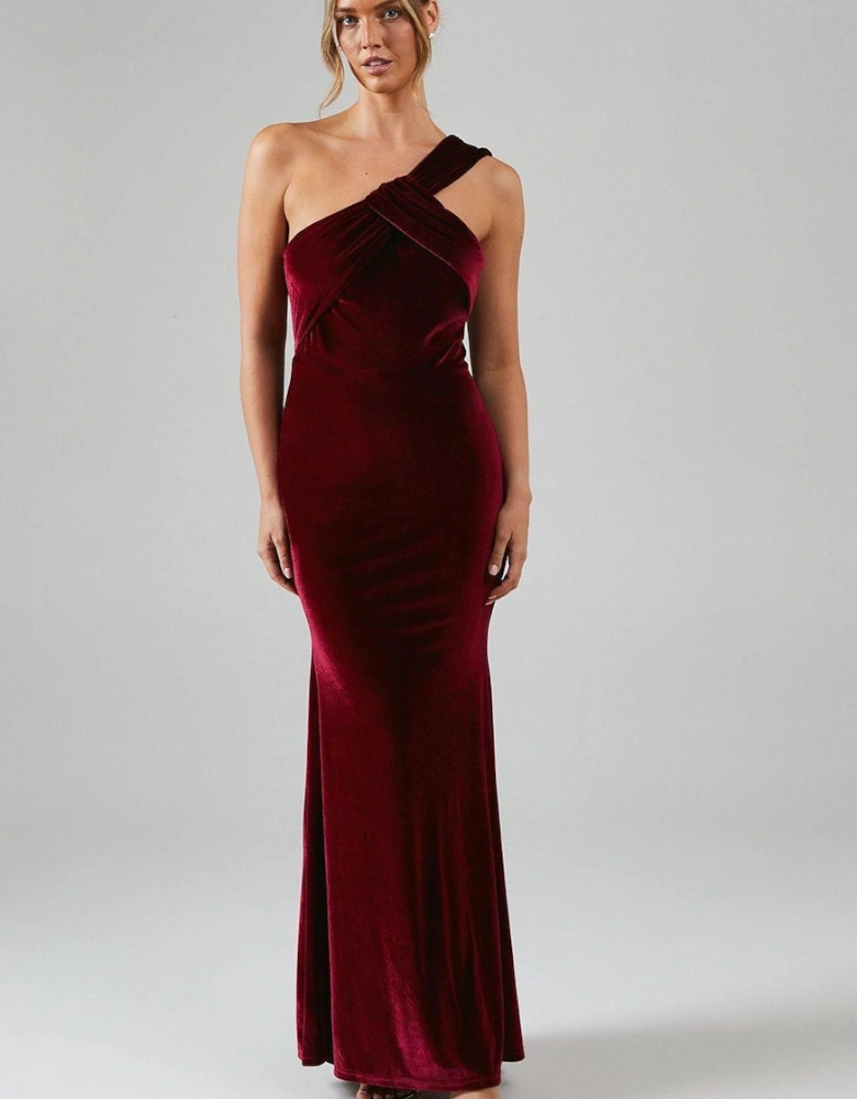 One Shoulder Twist Detail Velvet Maxi Bridesmaid Dress