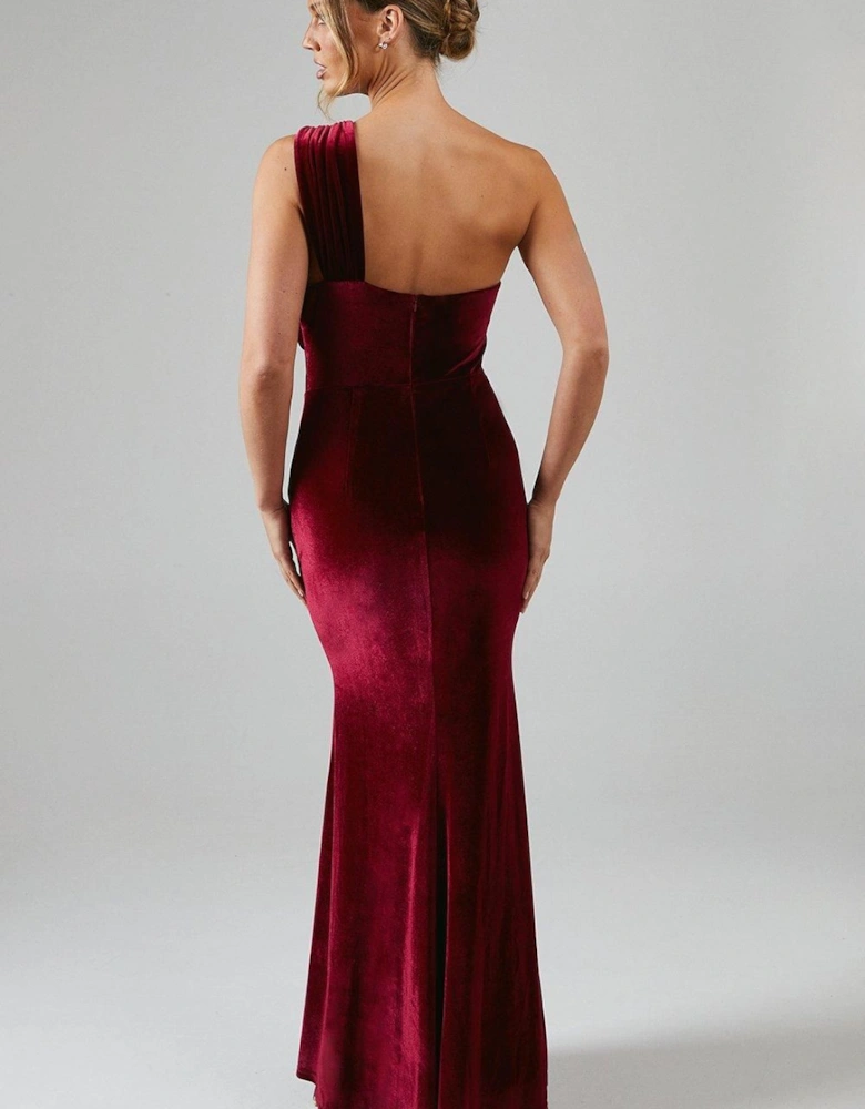 One Shoulder Twist Detail Velvet Maxi Bridesmaid Dress