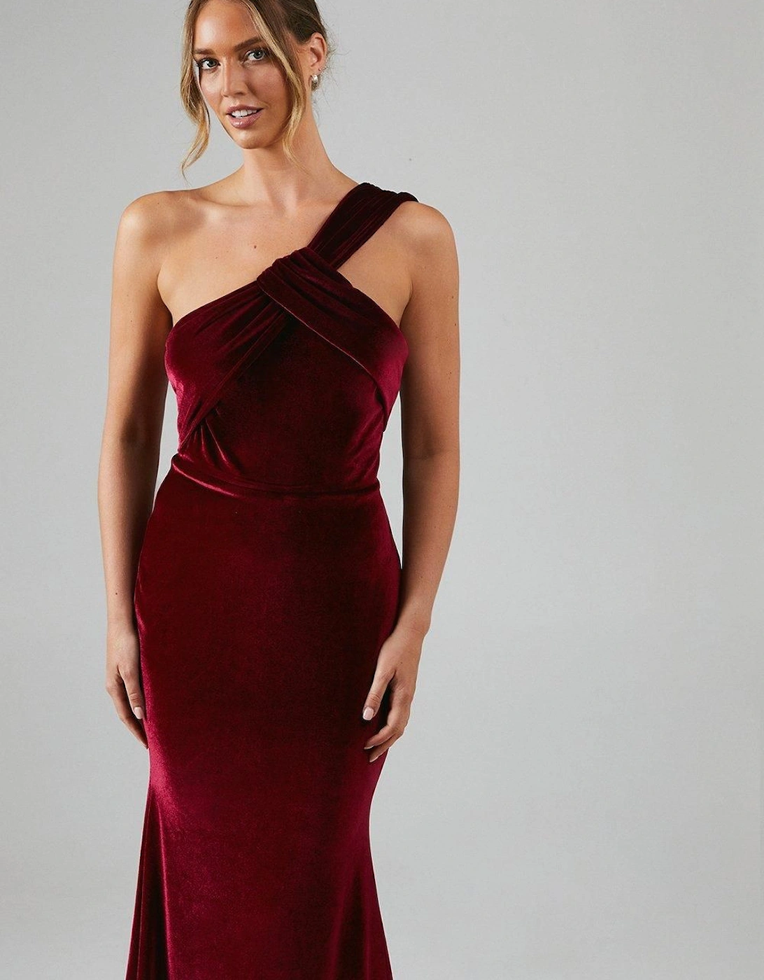 One Shoulder Twist Detail Velvet Maxi Bridesmaid Dress