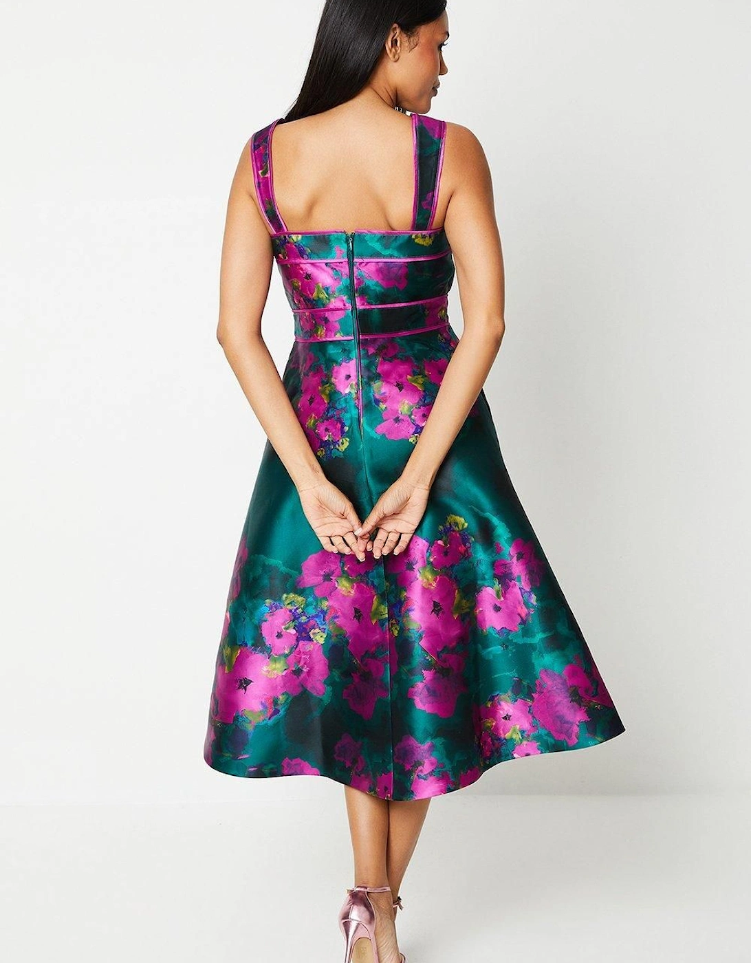 Floral Print Panelled Bodice Midi Wedding Guest Dress