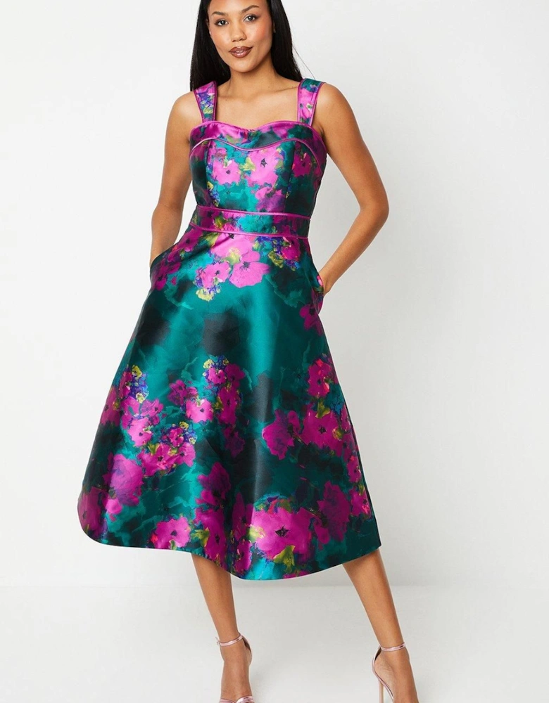 Floral Print Panelled Bodice Midi Wedding Guest Dress