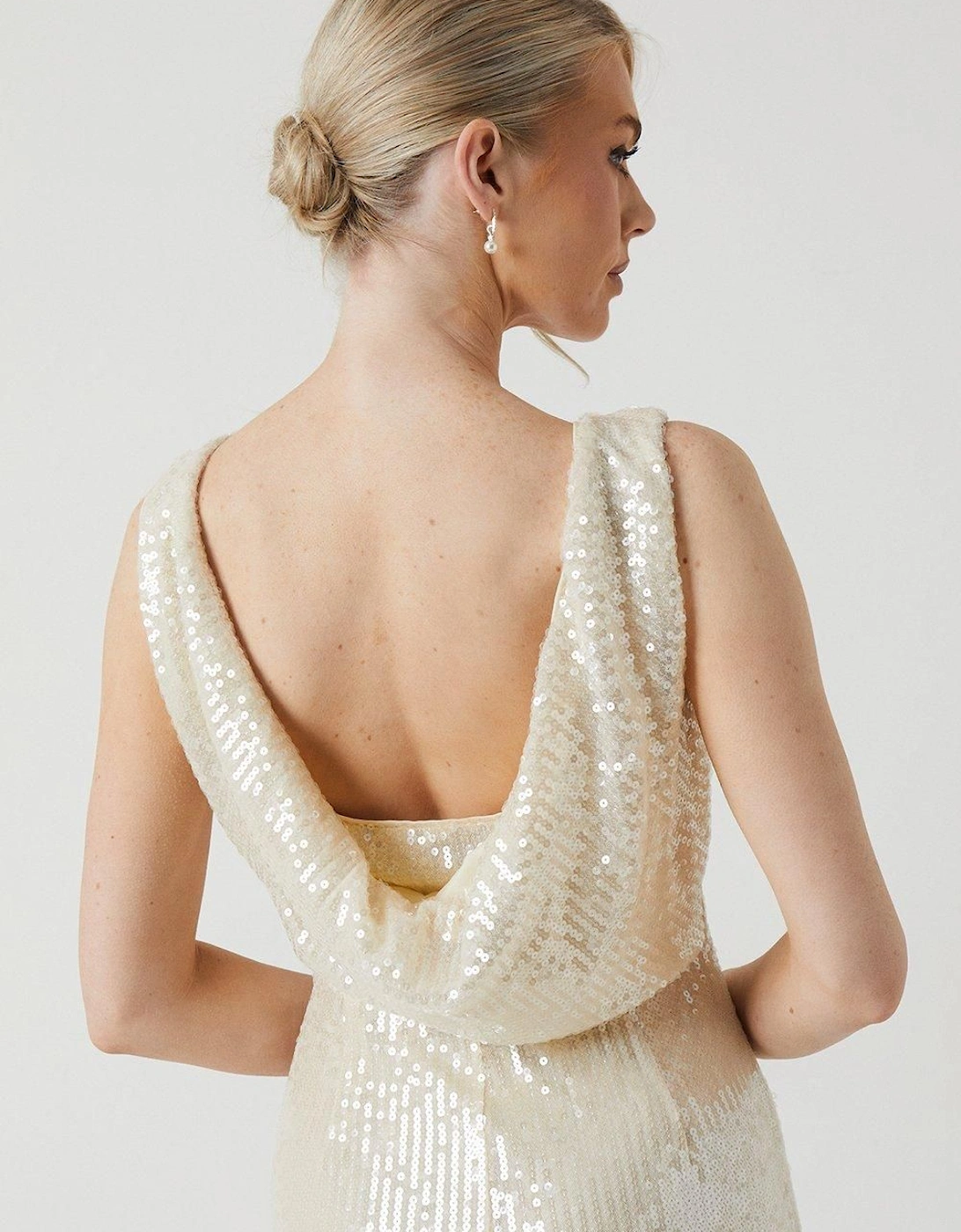 Sequin Cowl Back Wedding Dress