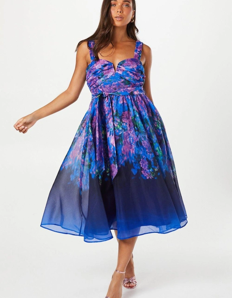 Petite Printed Organza Notch Neck Midi Dress